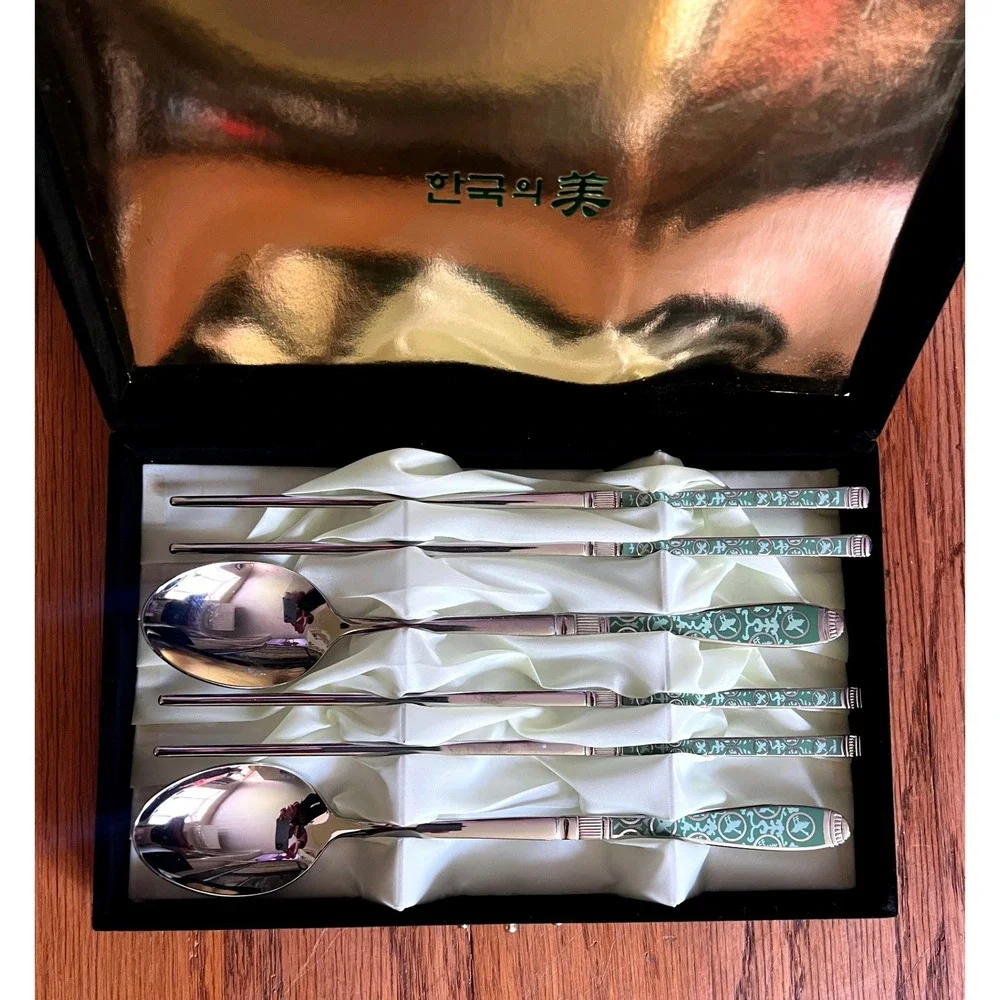Korean‎ Celadon Crane Stainless Steel Chopsticks Spoon Gift Set Presentation Box